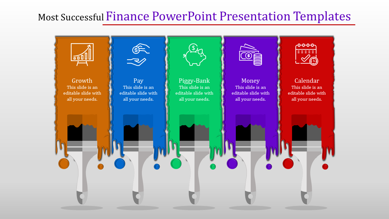 Slide with colorful paintbrushes, each representing finance concept Growth, Pay, Piggy Bank, Money, and Calendar with icons.