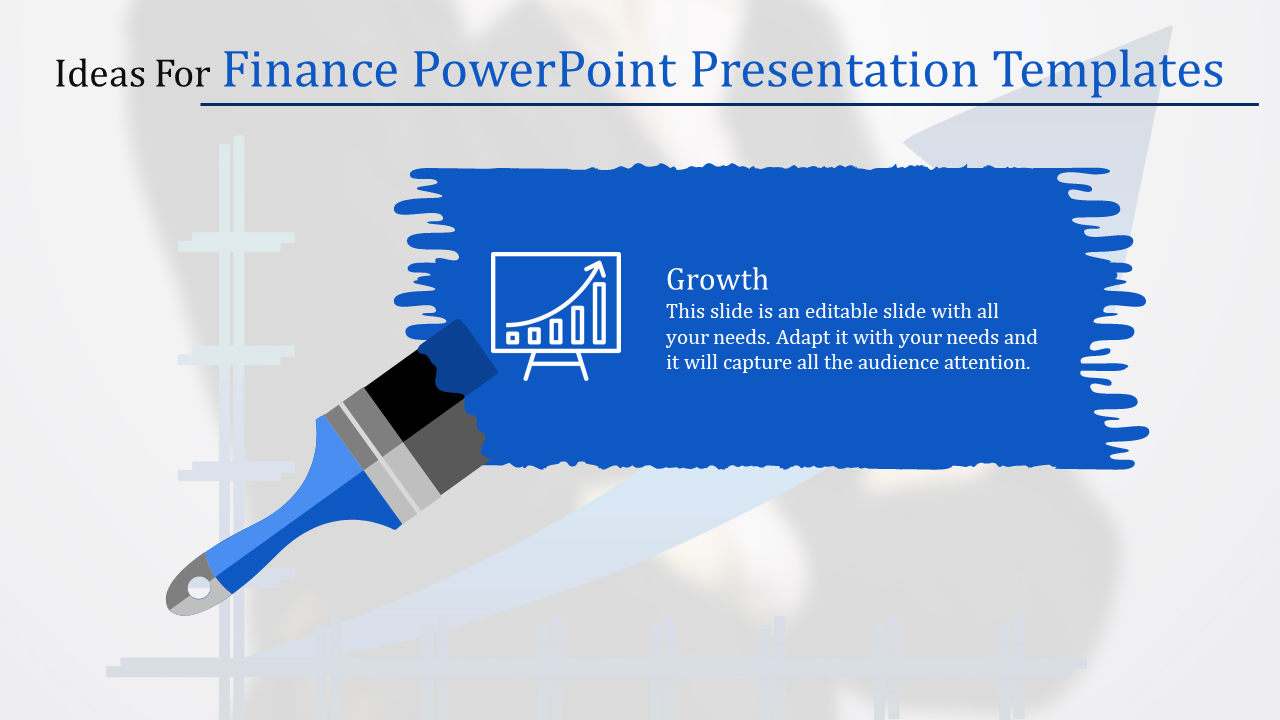 Blue brushstroke design with a growth chart icon and placeholder text, with a paintbrush graphic at the bottom left.