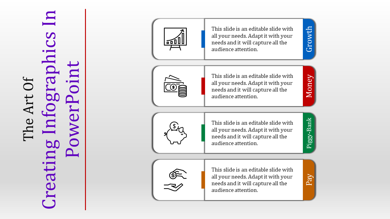 Horizontal infographic slide with four sections growth, money, piggy bank, and pay, each featuring icons and text.