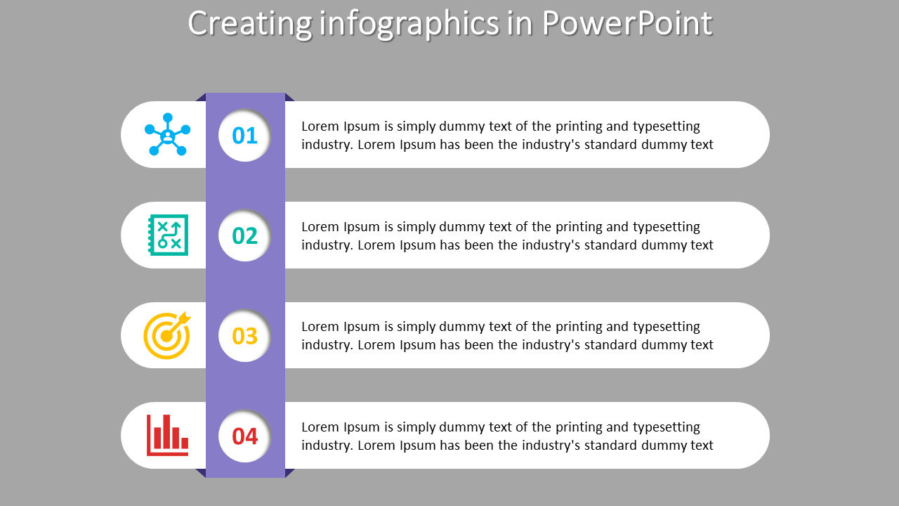 Four step infographic with numbered labels on a vertical purple bar, with icons, and placeholder text on a gray background.