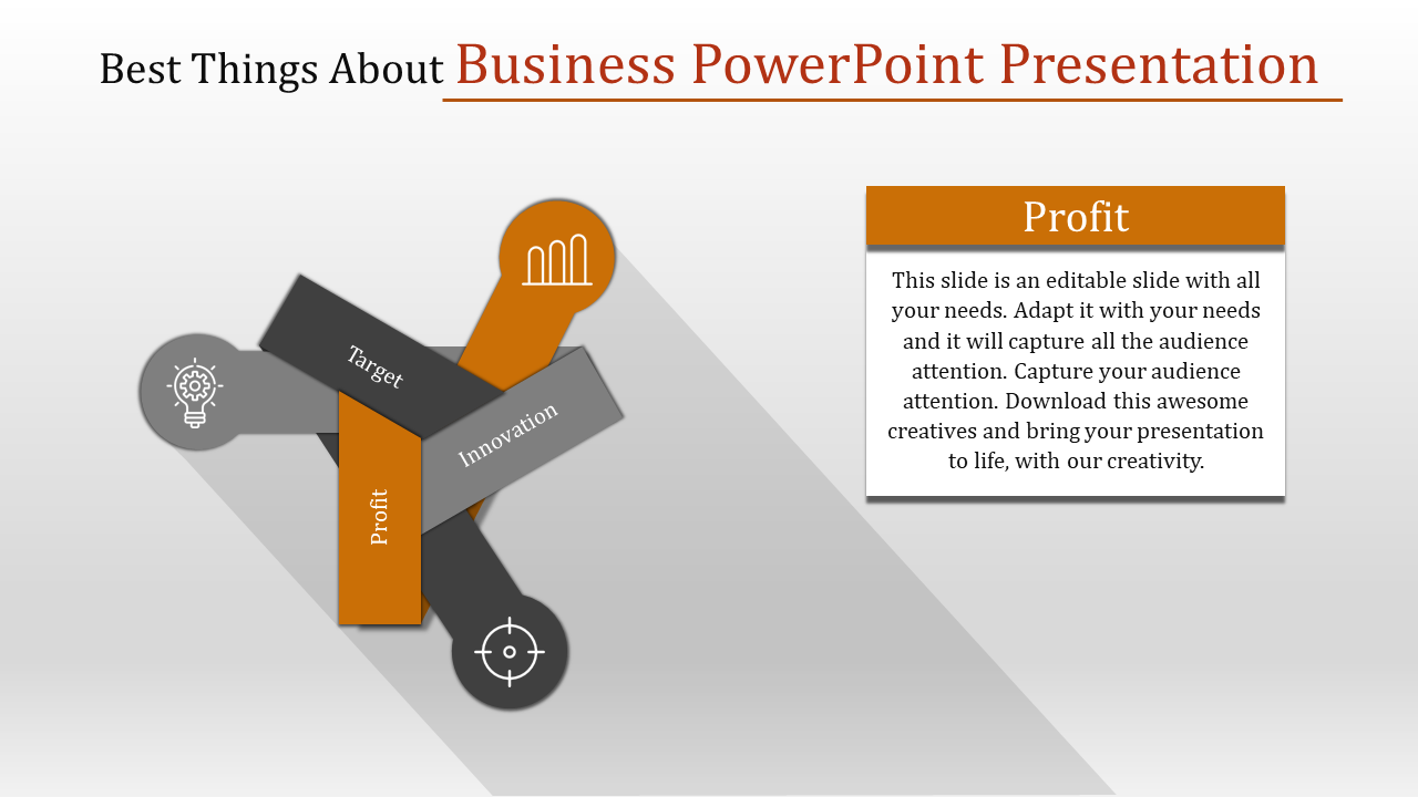 Business infographic featuring three arrows for target, innovation, and profit, highlighting a bar chart icon for growth.