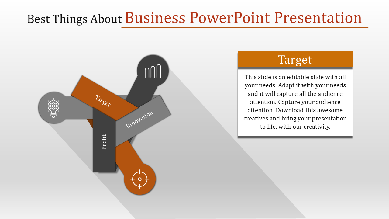 Gray and orange arrow shaped layout focusing on target with business icons and a description box on the right.