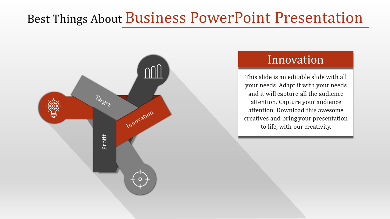 Business slide with three arrows labeled target, innovation, and profit, featuring icons for ideas, growth, and focus.