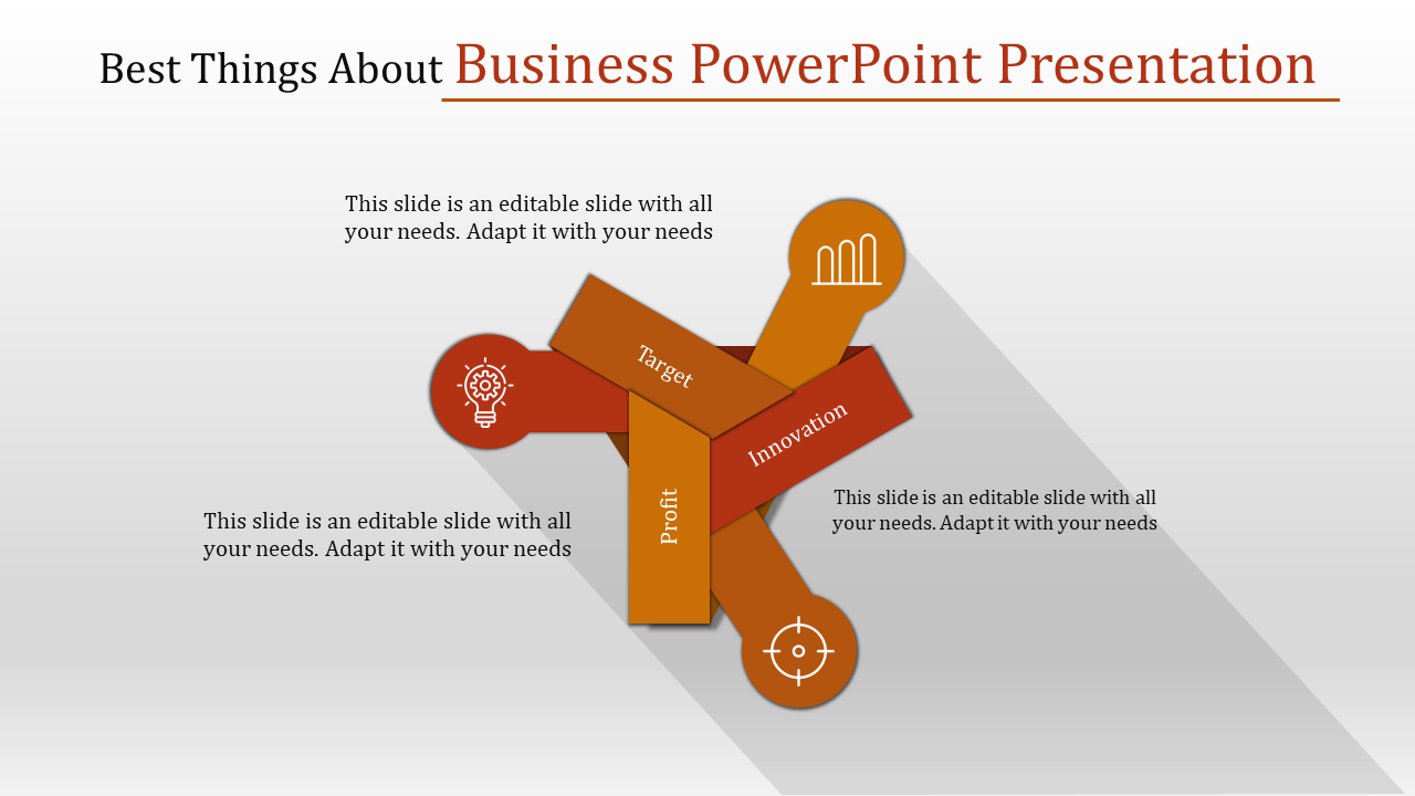 Business PPT presentation template featuring sections for target, innovation, and profit with icons and placeholder text.