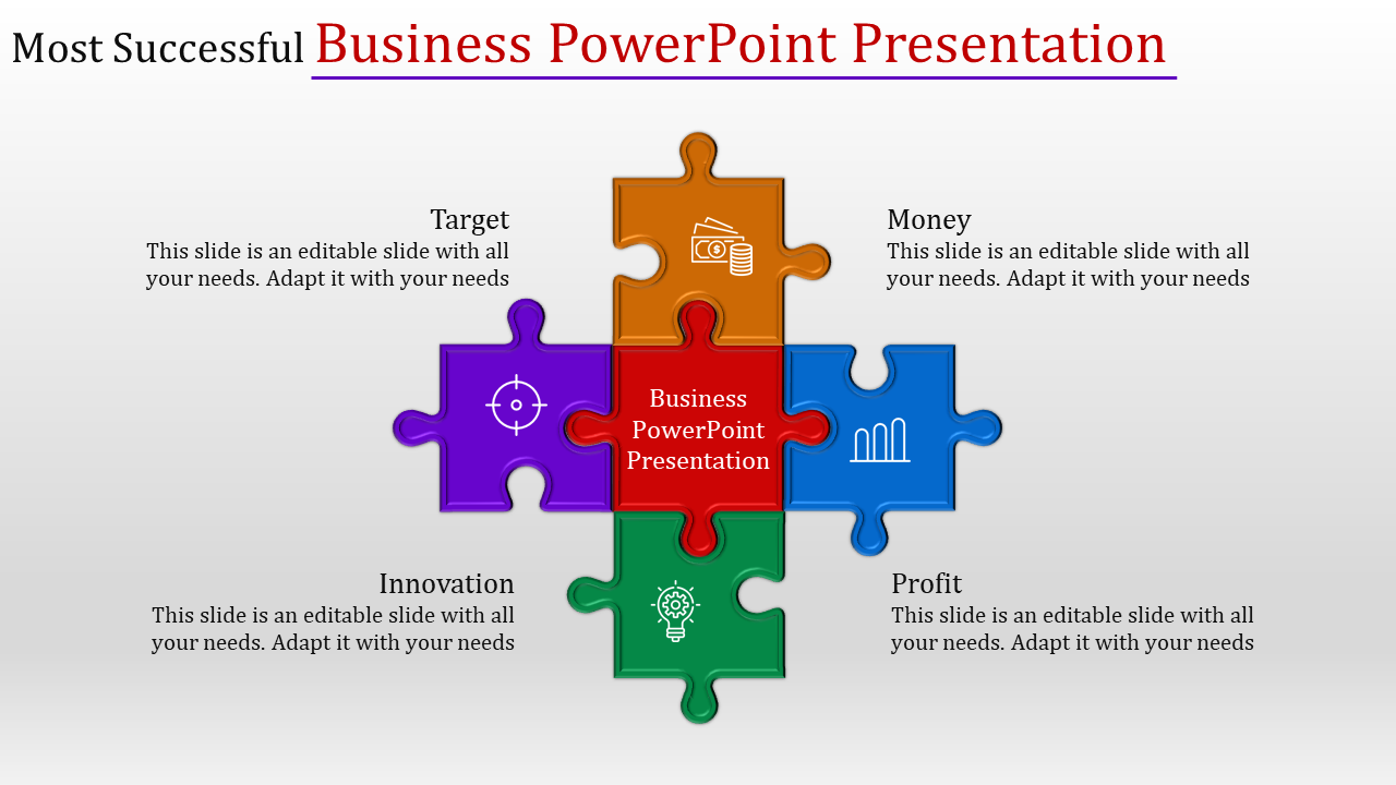 Colorful puzzle layout with orange, red, blue, purple, and green pieces showing business related captions and icons.