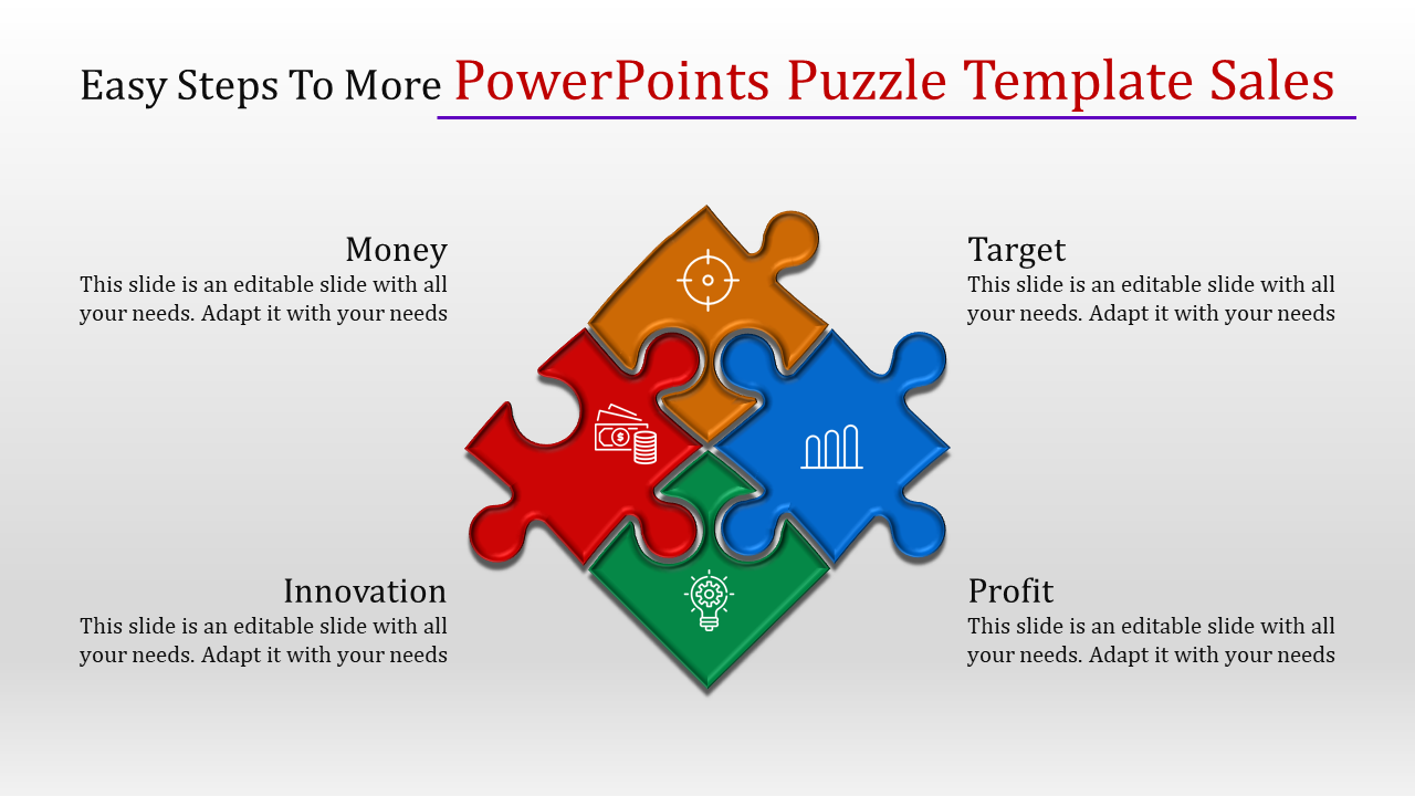 Business puzzle slide with red, orange, blue, and green sections symbolizing money, target, innovation, and profit.