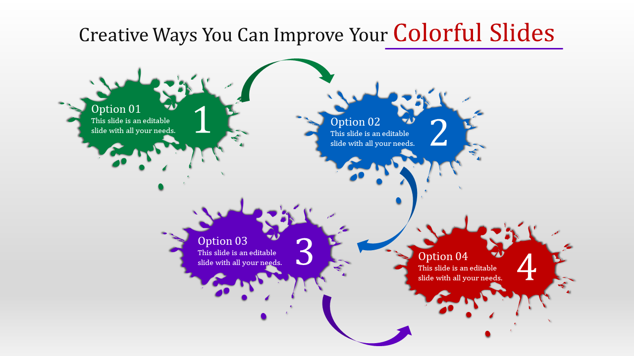 Creative slide design with four colorful options, each highlighting a different placeholder text.