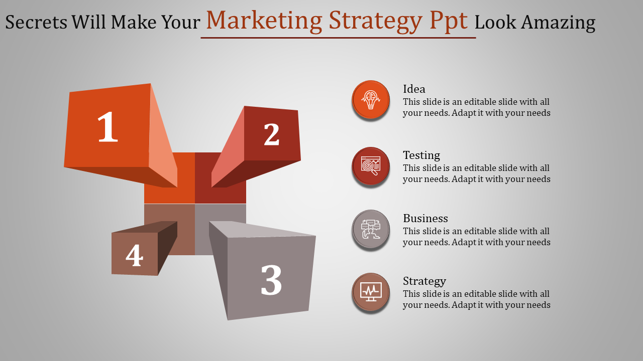 3D diagram with four numbered blocks in red and gray shades, paired with icons and captions for marketing strategy.