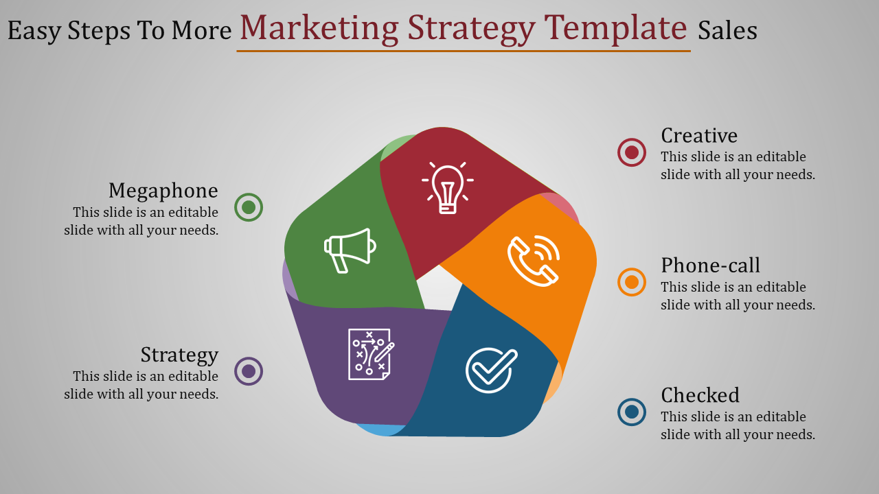 Slide illustrating a marketing strategy with four color coded steps and corresponding icons for clarity.