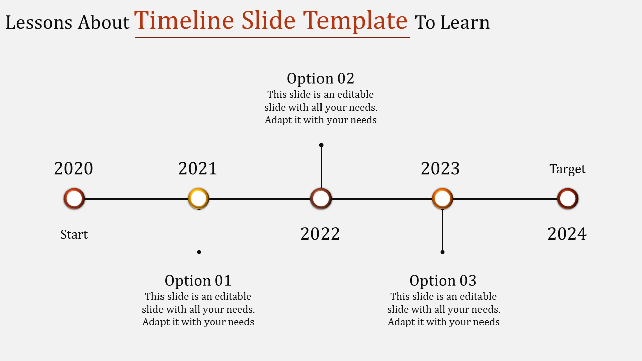 Linear timeline featuring circular markers for years 2020 to 2024 with captions below, on a white background.