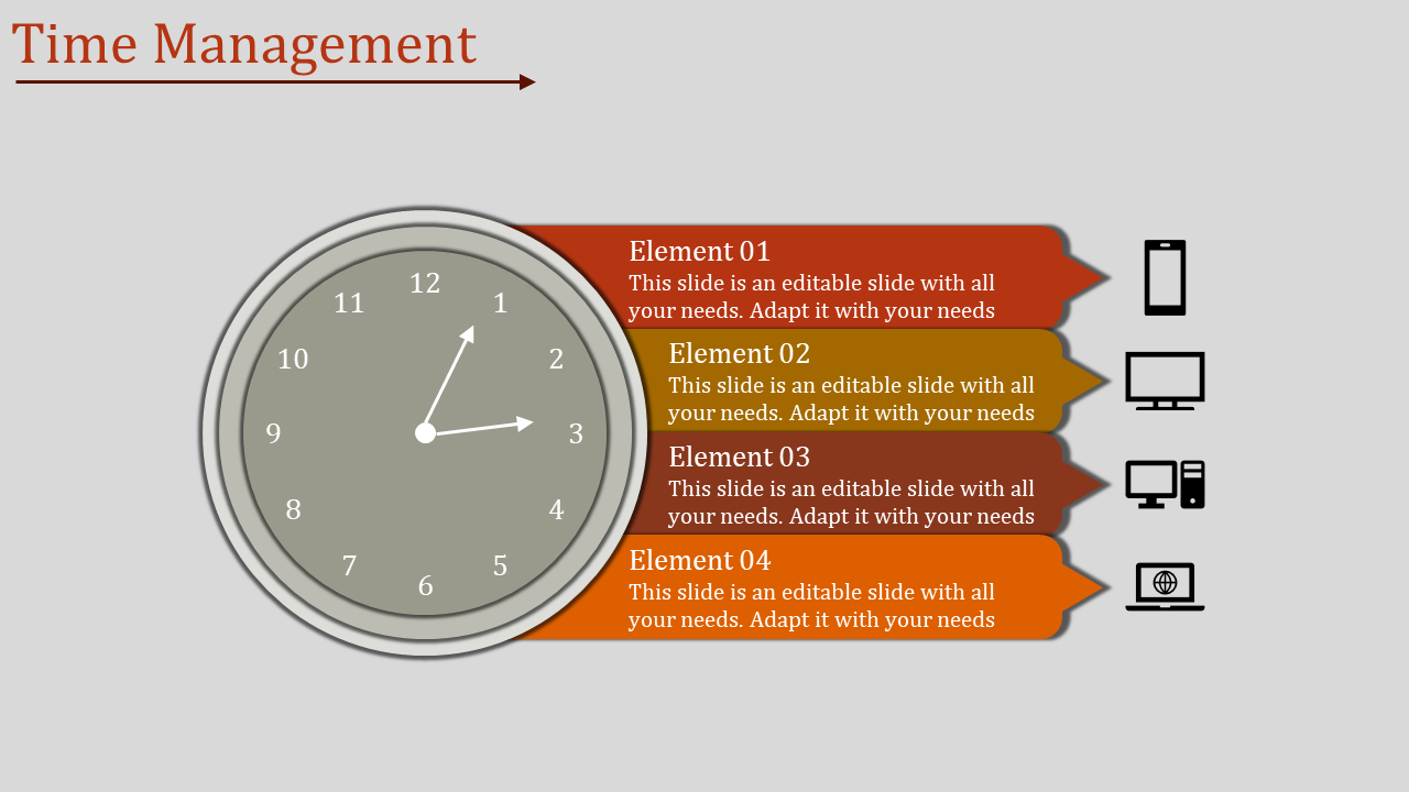 Slide showcasing a clock graphic with colored sections labeled for time management elements and content areas.