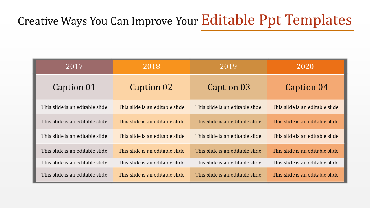 Timeline table spanning years from 2017 to 2020 with four colored sections, captions, and text rows.