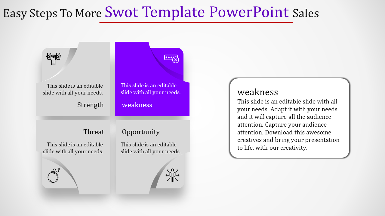 SWOT template slide, with weakness visually emphasized in purple and a detailed explanation box to the right.