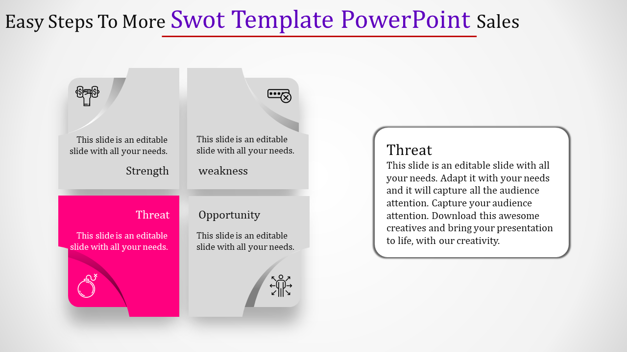 SWOT template featuring four quadrants in gray, and a pink highlighted threat, and a detailed text box on the right.