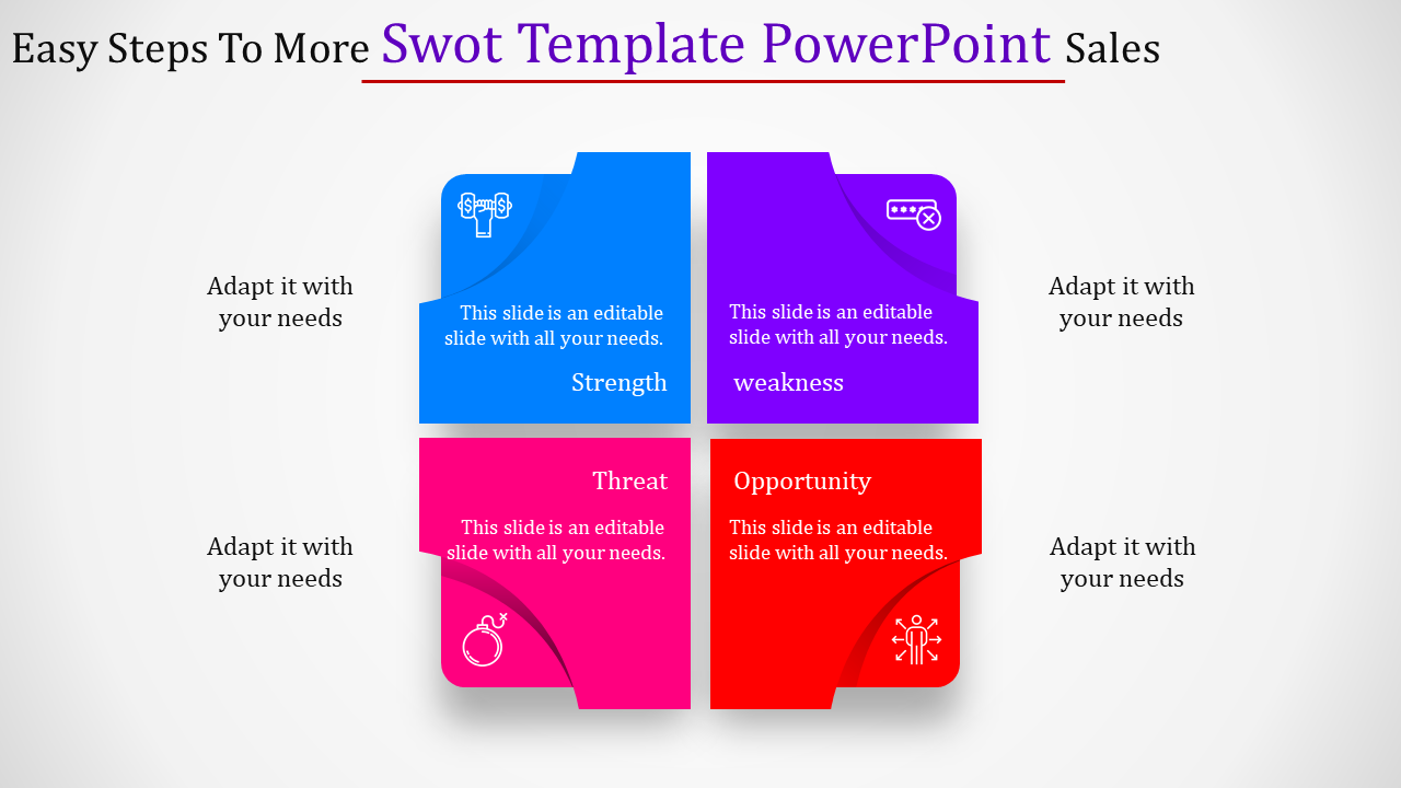 Four part SWOT analysis slide with bold colors and icons for strength, weakness, threat, and opportunity.