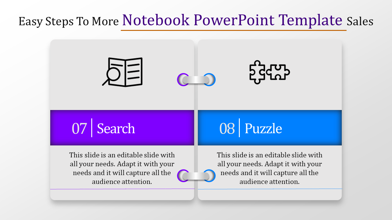 Two connected notebook style sections with icons for search and puzzle, numbered 07 and 08, in purple and blue.