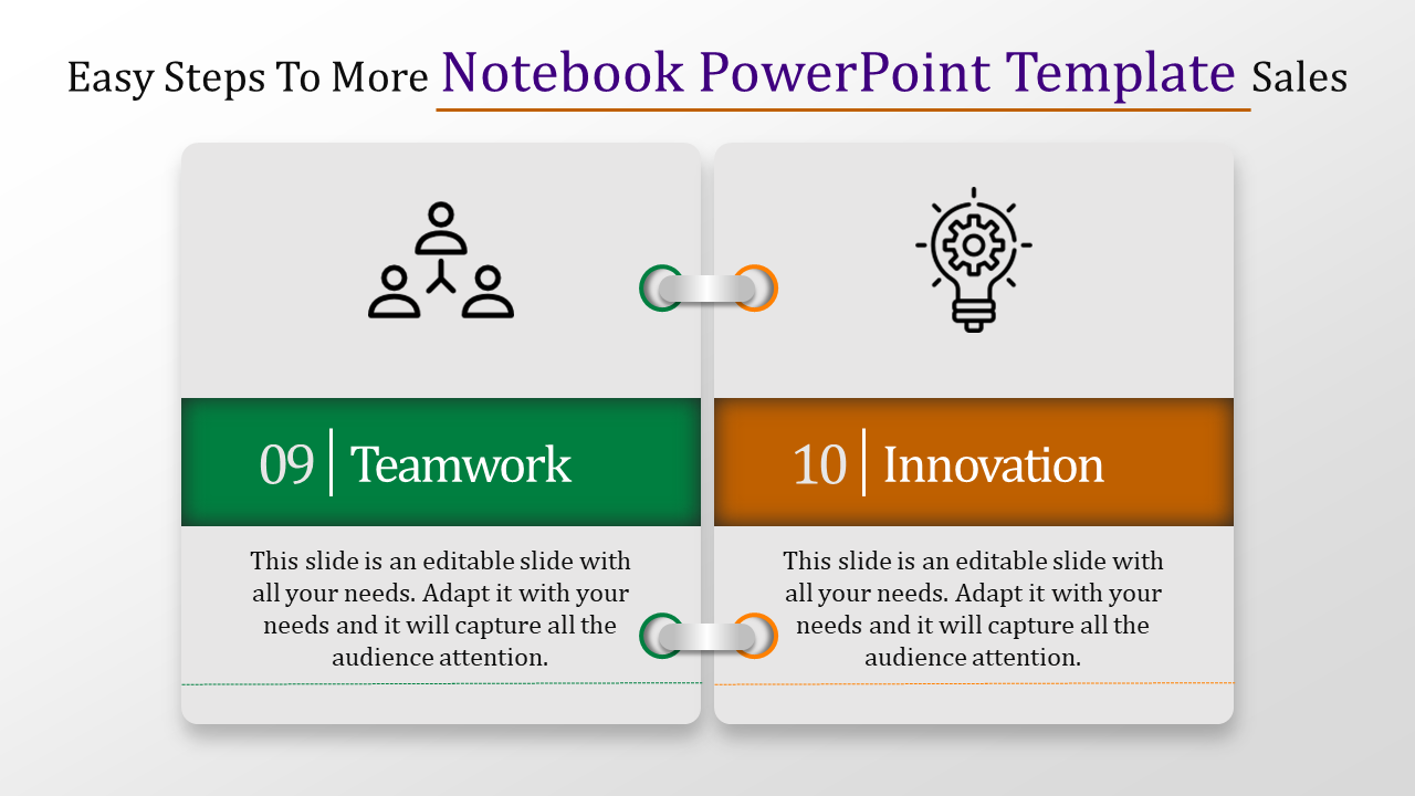 Notebook themed layout with two sections in green and orange blocks, featuring icons and text.