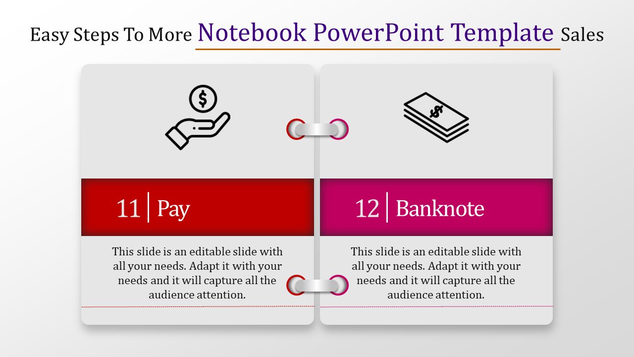 Split slide design resembling a notebook with two panels in red and pink, featuring black icons and bold titles.