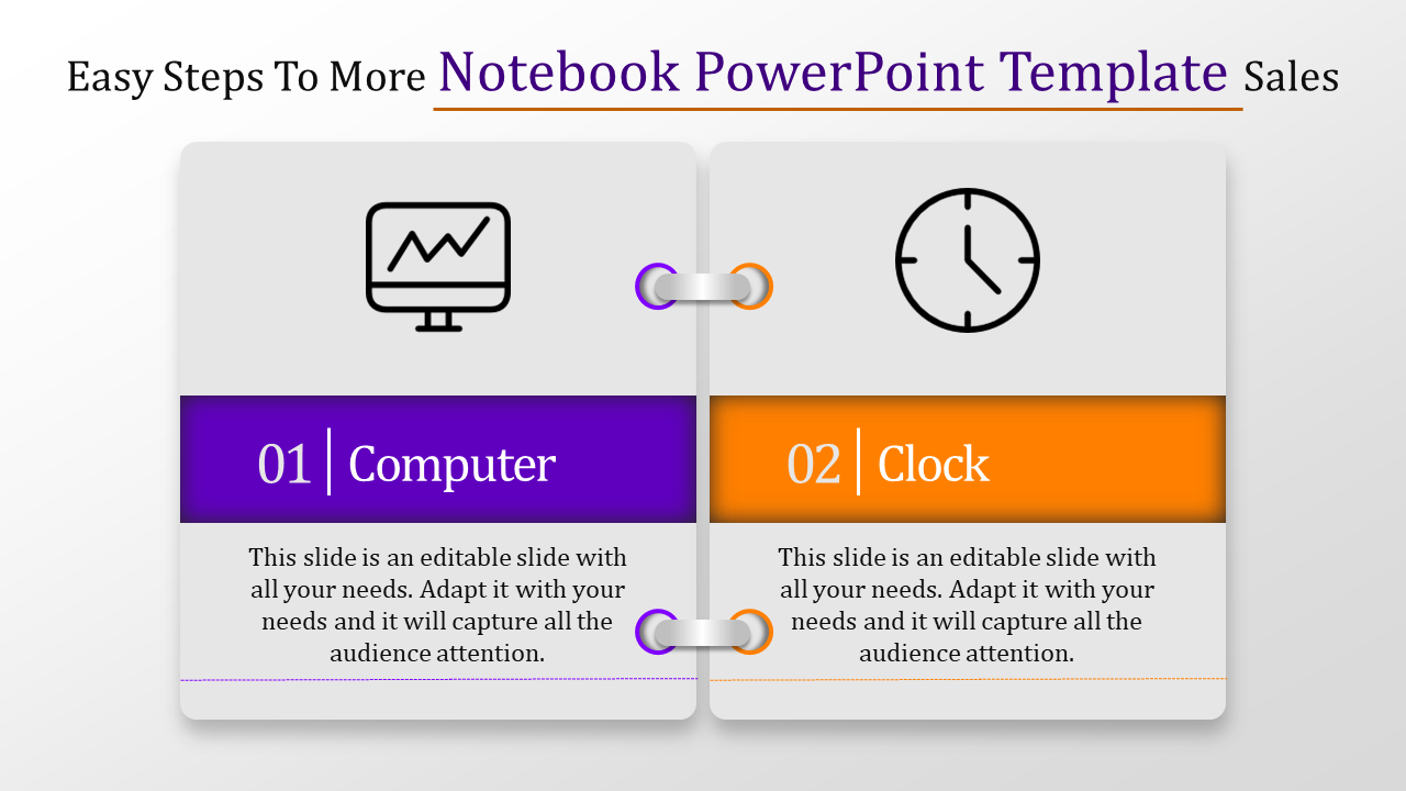 Notebook  template design showing two steps, featuring computer and clock icons with colored headers.