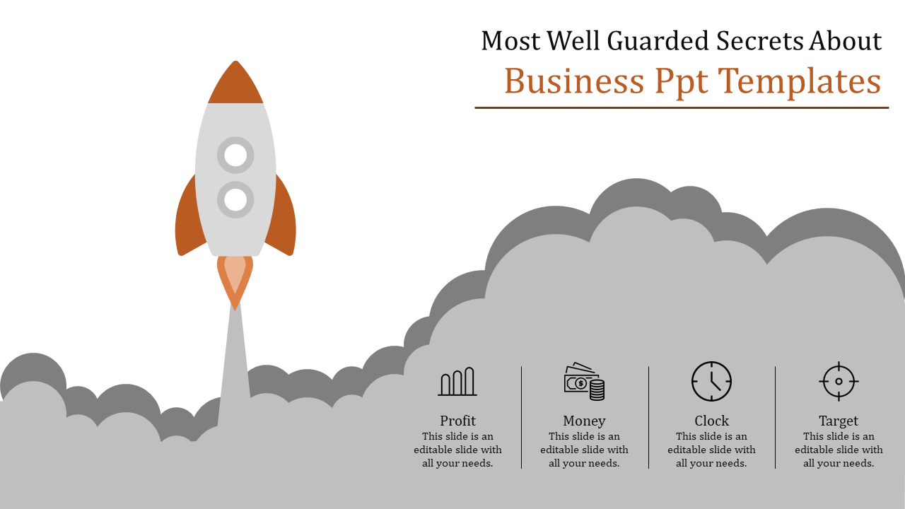 Visual template with a rocket launching through clouds, representing business growth and success along with caption areas.