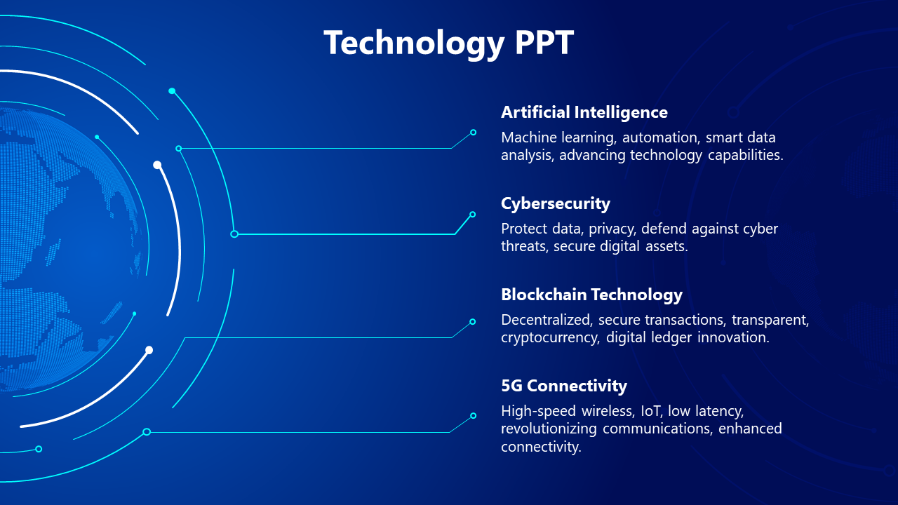 A template with a blue globe graphic and text boxes highlighting key technology trends and placed with descriptions. 