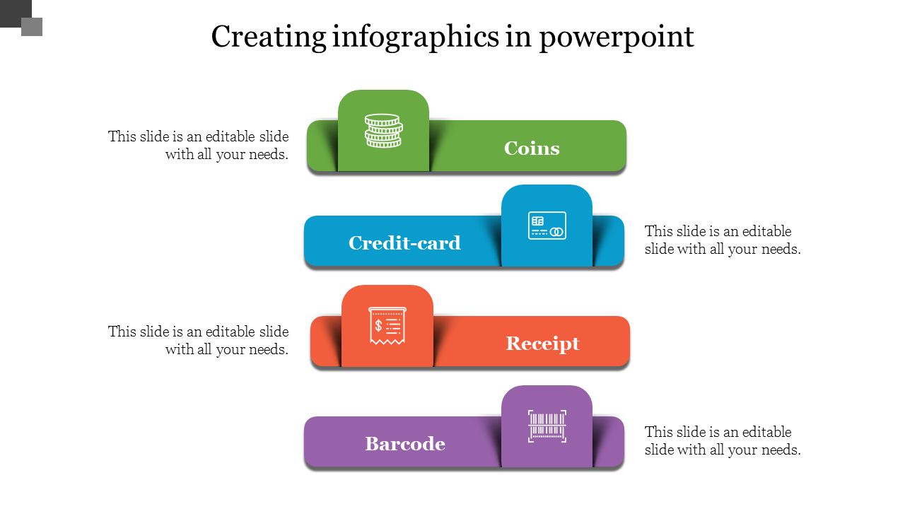 Horizontal infographic layout with four sections in green, blue, red, and purple, each labeled with icons and titles.