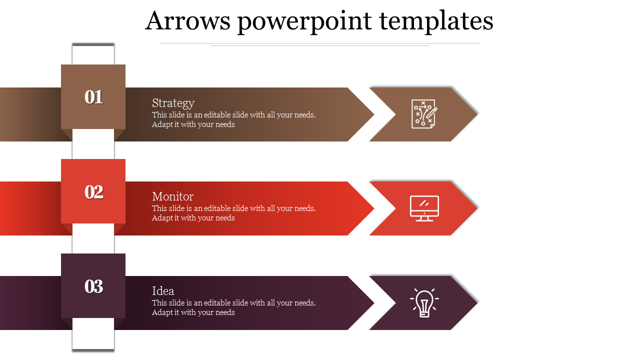 Three arrows with the titles strategy, monitor and idea in colour boxes placed in a white backdrop.