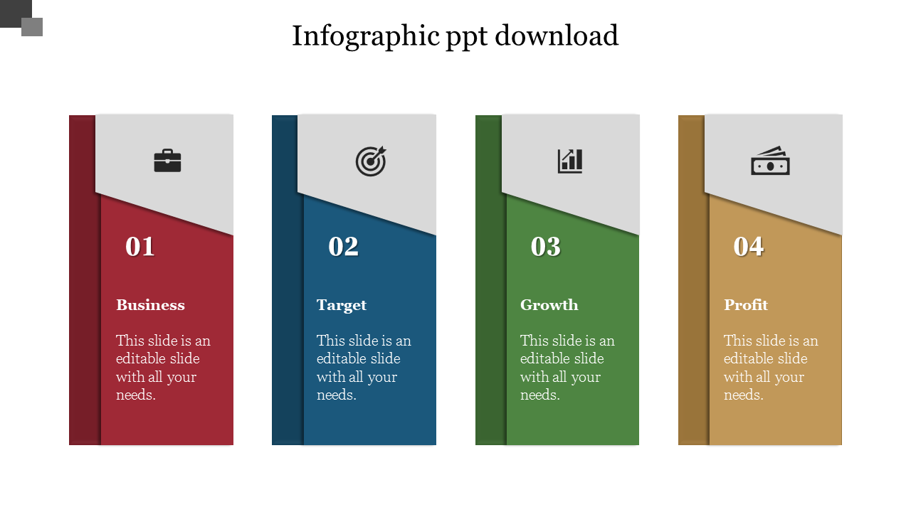 Infographic template showing three colour coded vertical boxes from business to target each with a caption areas.