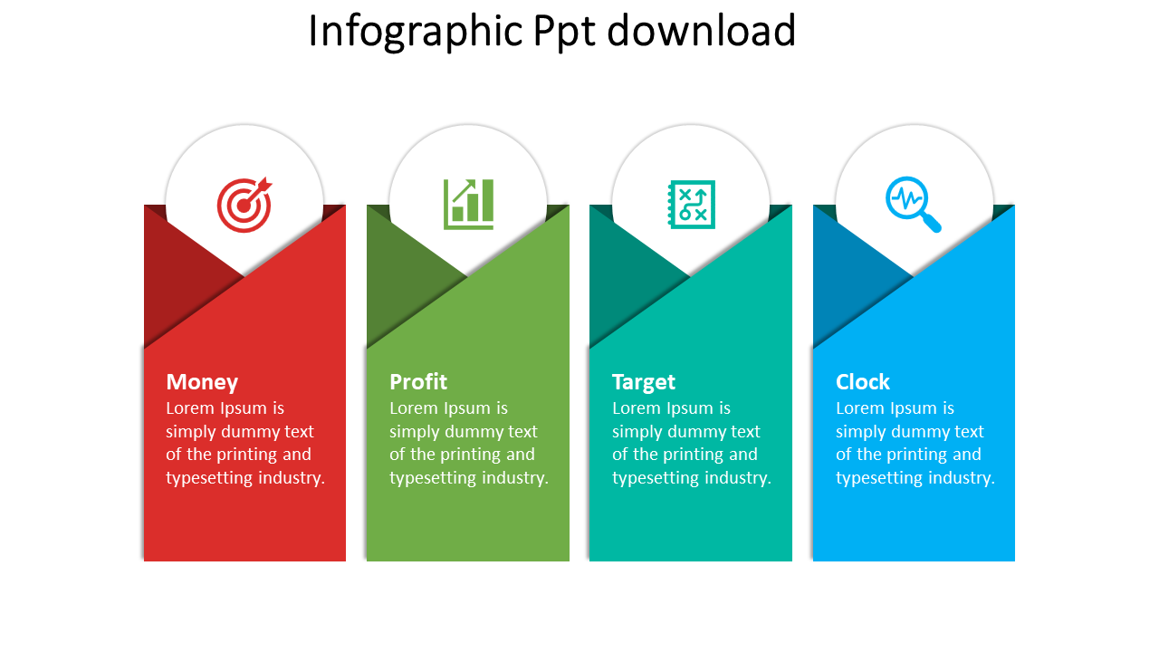 Infographic design showing four panels for money, profit, target, and clock in red, green, teal, and blue themes