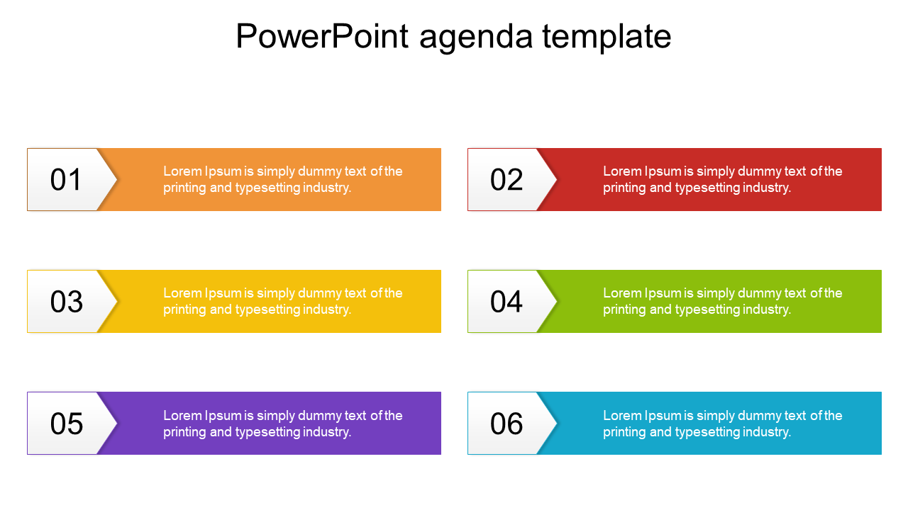 PowerPoint agenda slide with six colorful sections, each containing a number and placeholder text for agenda items.