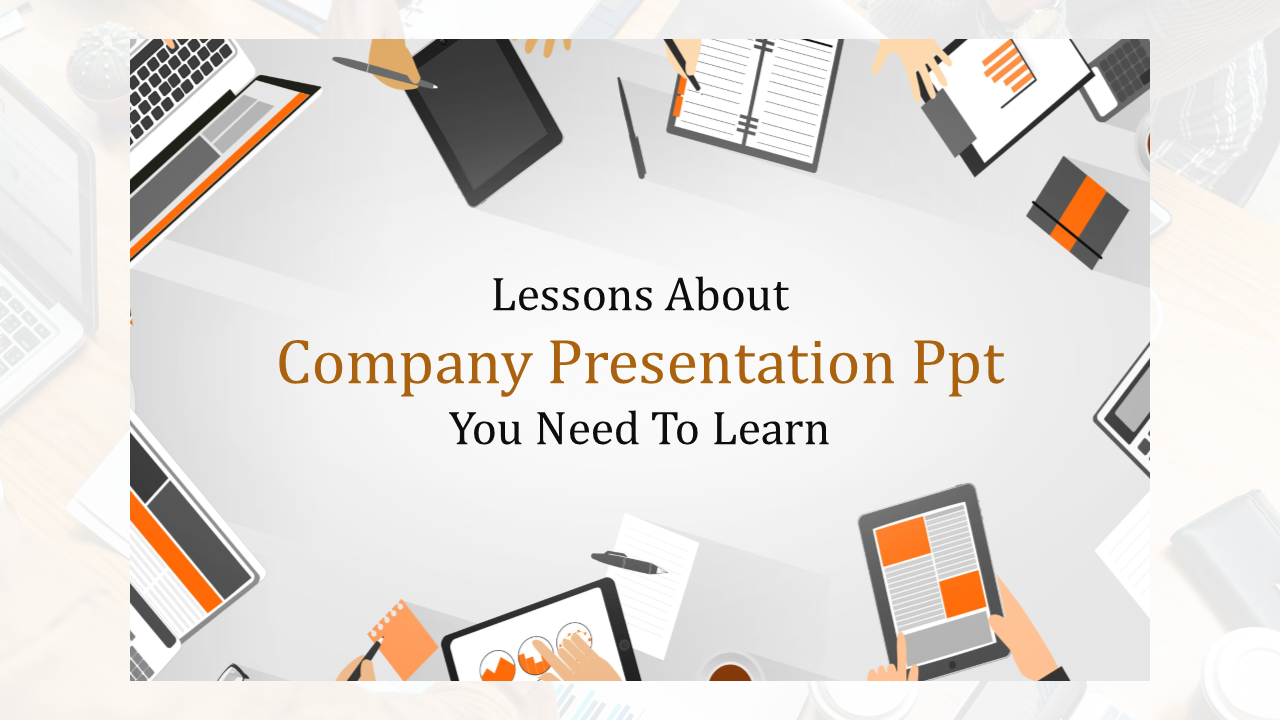 Slide featuring the title about company presentations, framed by flat design illustrations of office tools and documents.