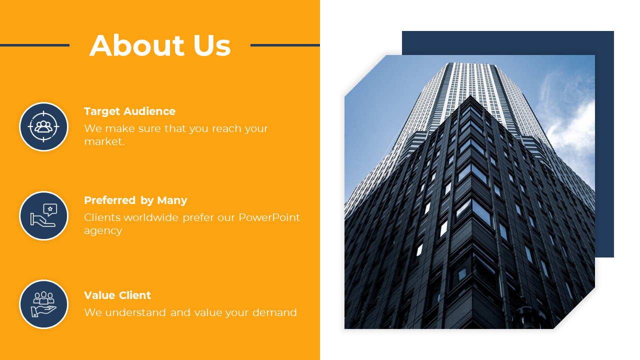 About us slide with an orange background, featuring three icons and text, and a tall skyscraper image on the right.