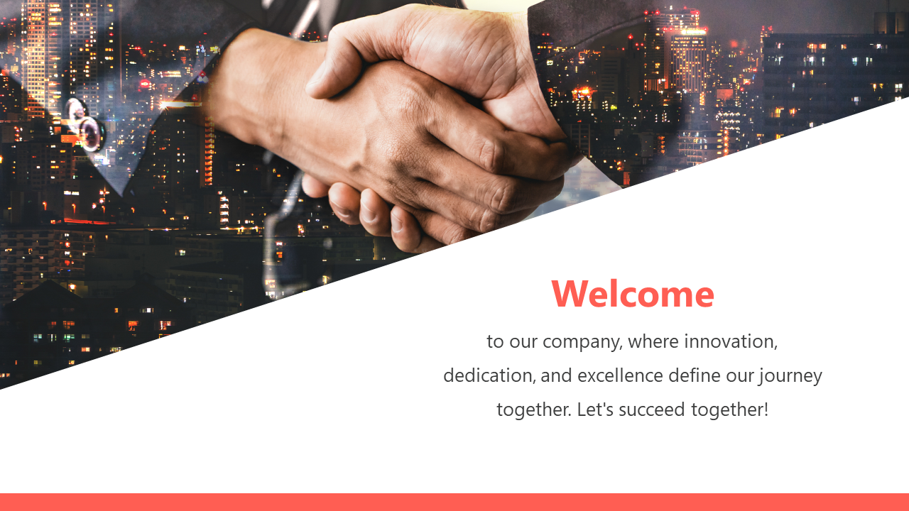 Welcome presentation slide with a handshake against a city skyline background, representing innovation and teamwork.