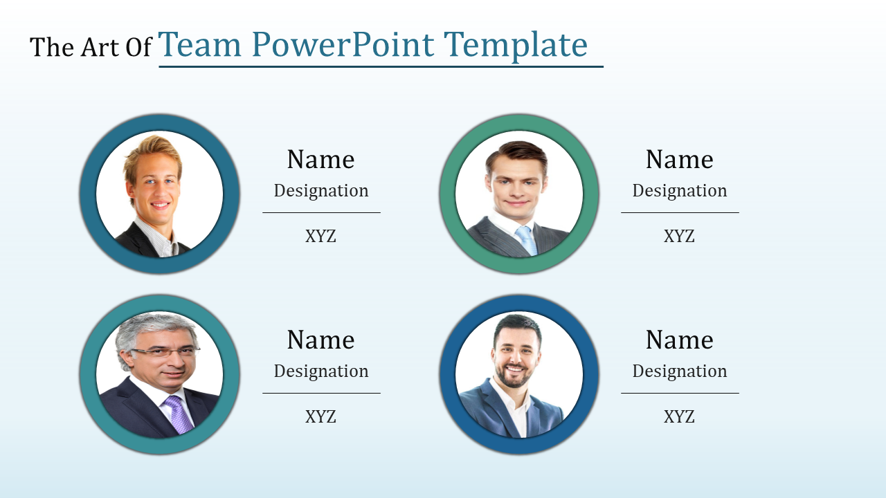 Team member profile template with four circular photo placeholders and name, designation, and XYZ labels.