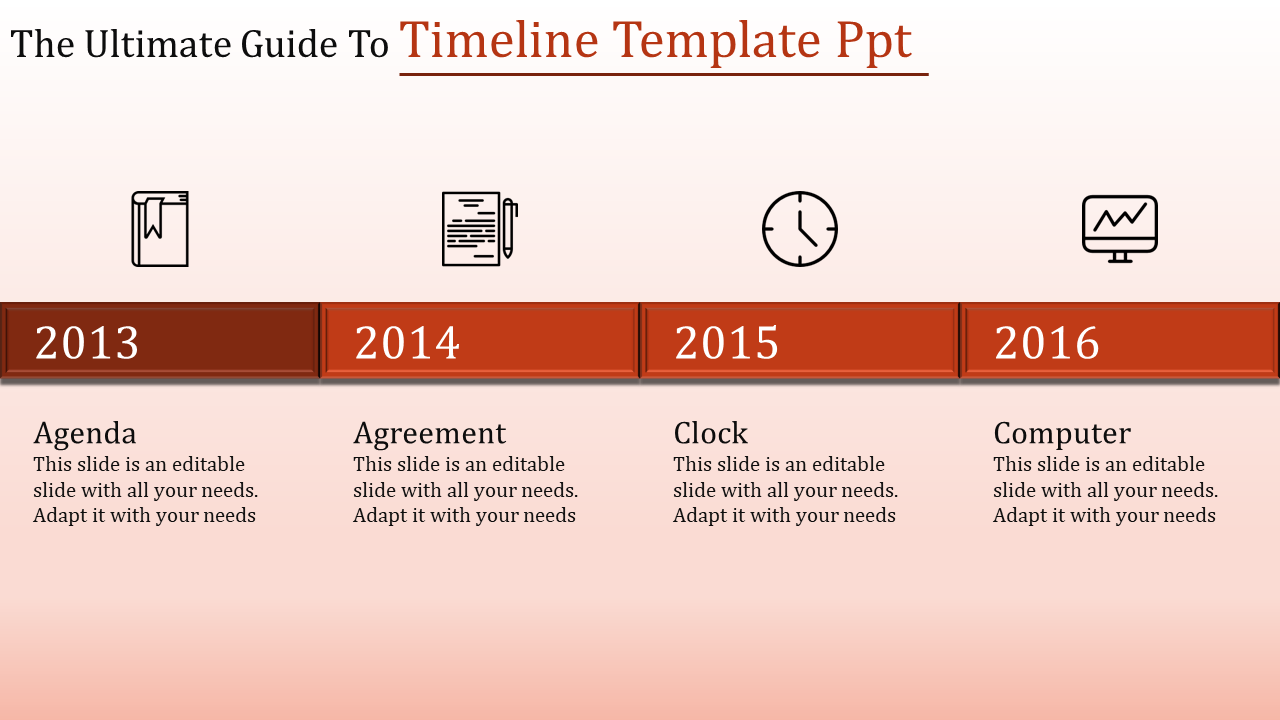 Timeline PowerPoint template with years 2013 to 2016, each year paired with relevant icons and captions.