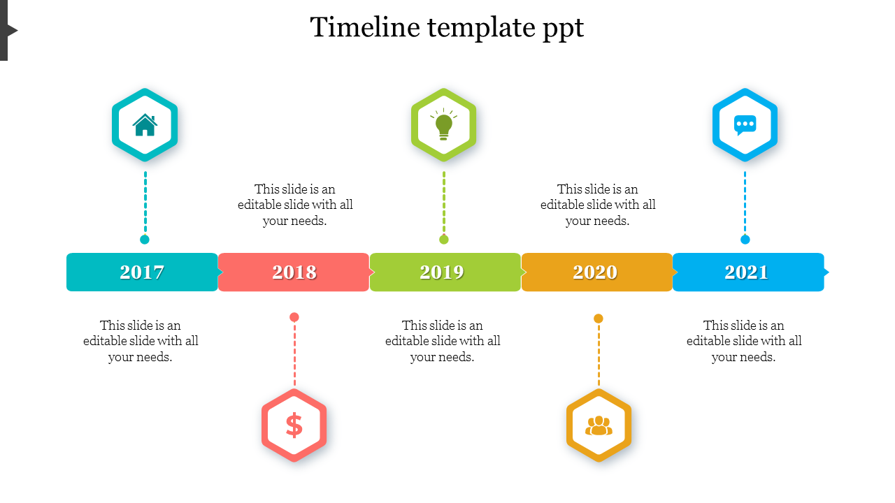 Horizontal timeline with five colored segments in teal, red, green, yellow, and blue, each with hexagonal icons.