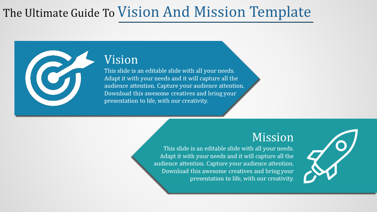 Slide with a blue and teal design highlighting the 'Vision' and 'Mission' sections, each accompanied by respective icons.