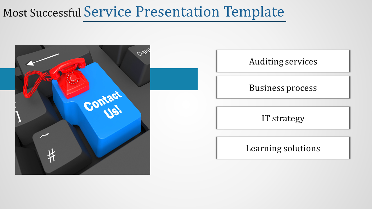 Service slide with a blue contact us keyboard key and red phone, alongside four labeled service options.