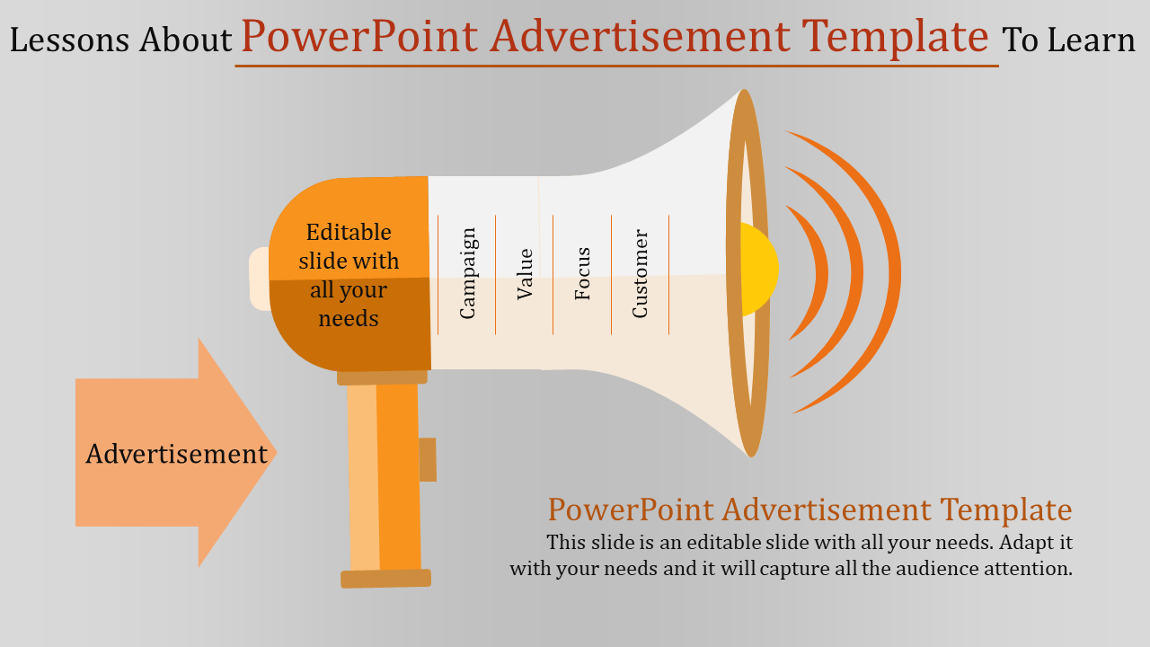 Advertisement template featuring a megaphone design with sections labeled campaign, value, focus, and customer.