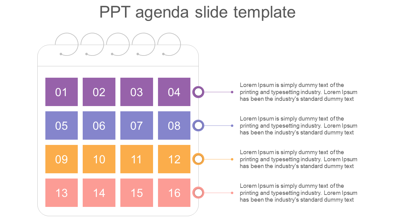 Agenda template with a colorful calendar grid of numbered blocks and aligned text descriptions on the right.