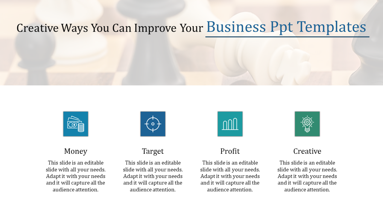 Business slide with four sections money, target, profit, and creative, each represented by icons and text.