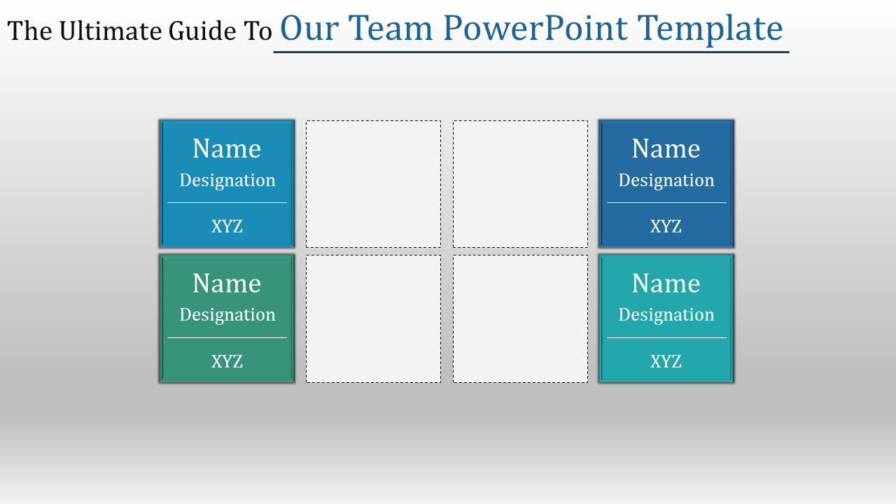 Team template showing four colored boxes for team members' names and designations with placeholders text areas.