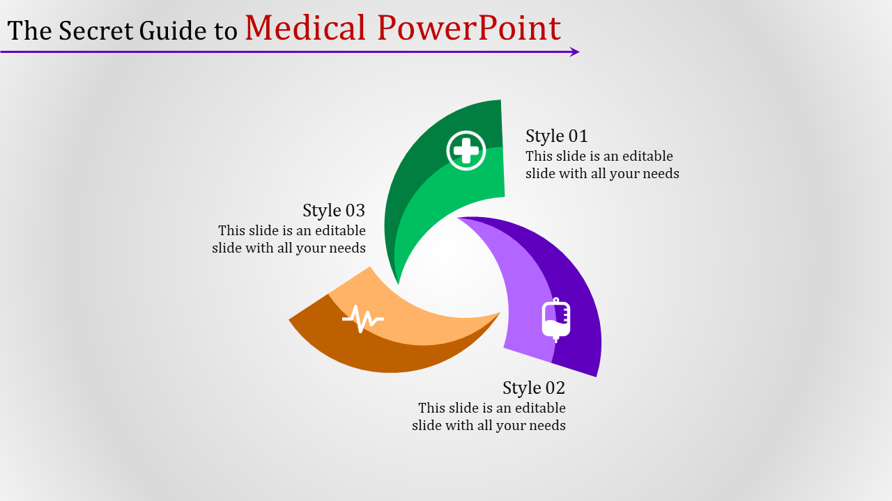 Colorful medical infographic with green, purple, and orange segments displaying icons for cross, IV bag, and heartbeat.