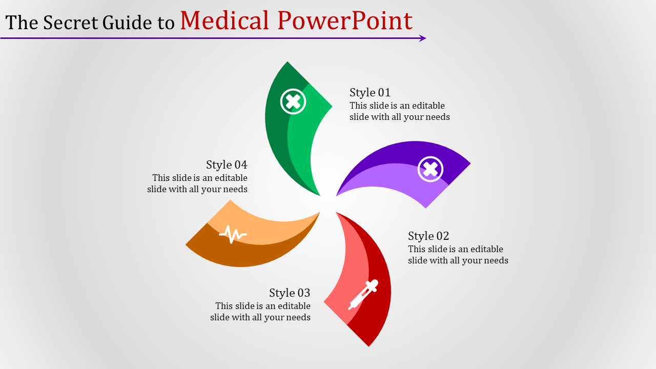 Medical PowerPoint template with four sections representing different styles, featuring medical icons with placeholder text.