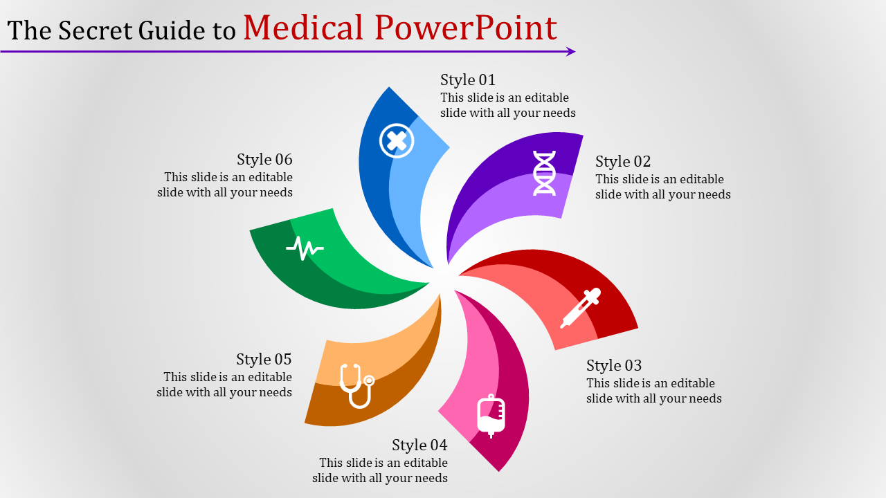 Circular infographic slide with six colorful sections featuring medical icons, such as DNA, stethoscope, and syringe.