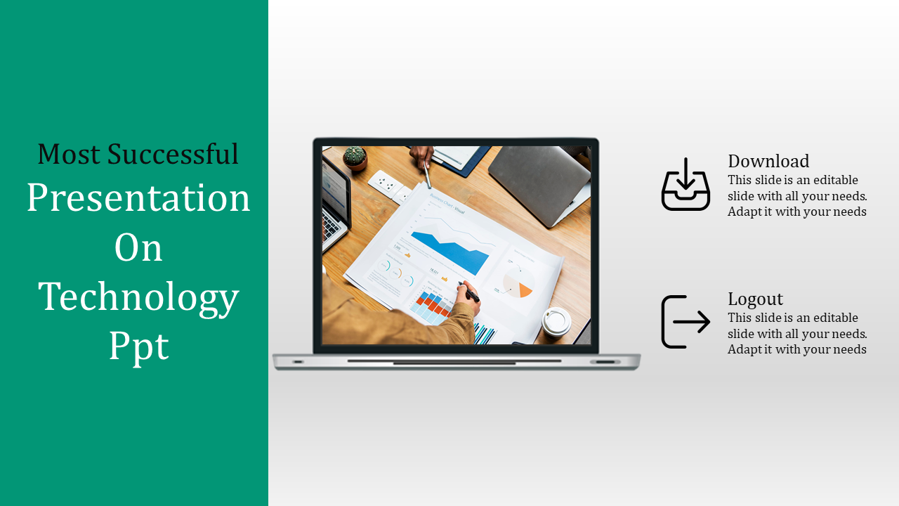 Technology slide featuring a laptop with a business analytics image and green sidebar with download and logout icons.