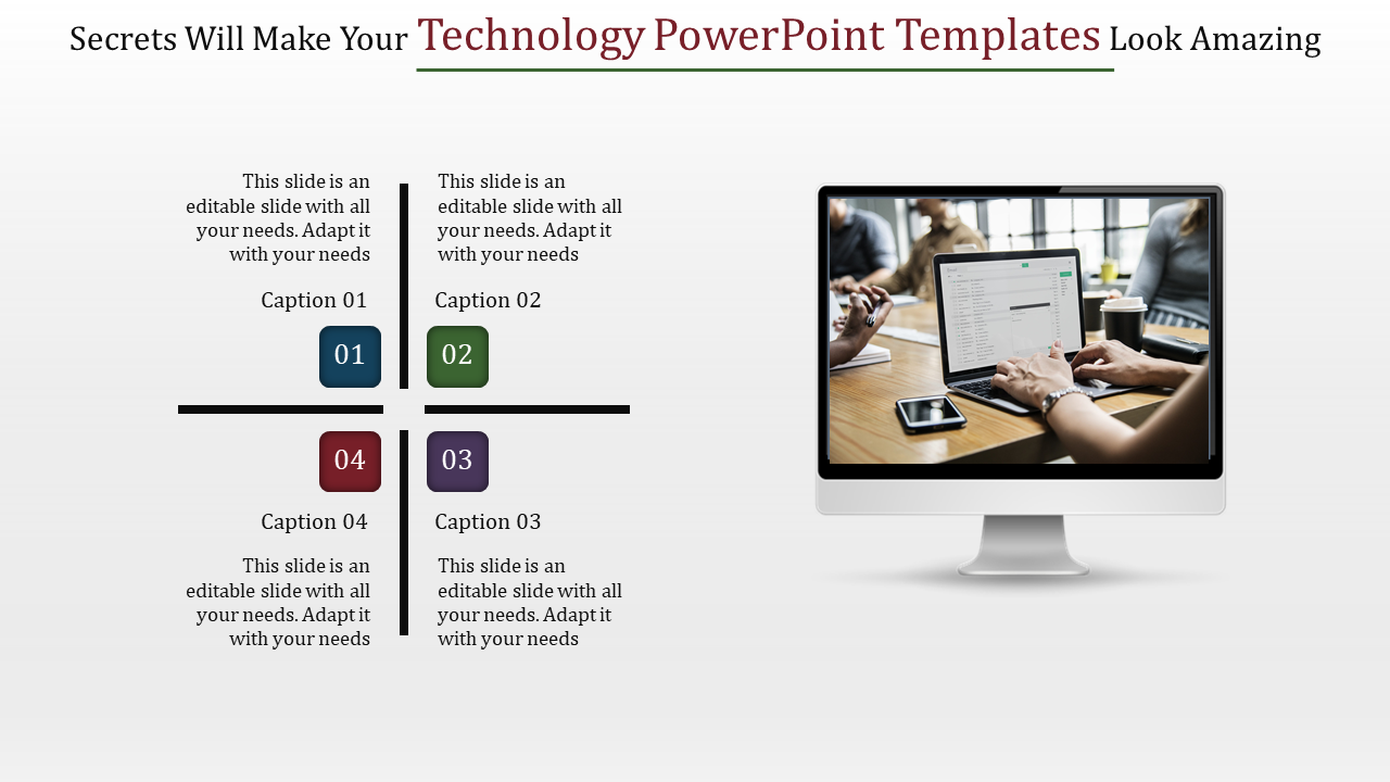 PowerPoint slide on technology with four sections and a background image of people working on a computer.