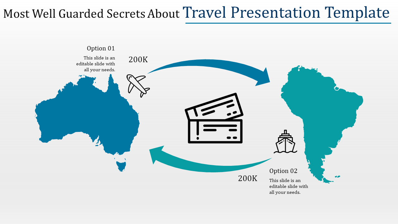 PowerPoint slide showing a travel concept with maps of Australia and South America, along with travel icons and options.