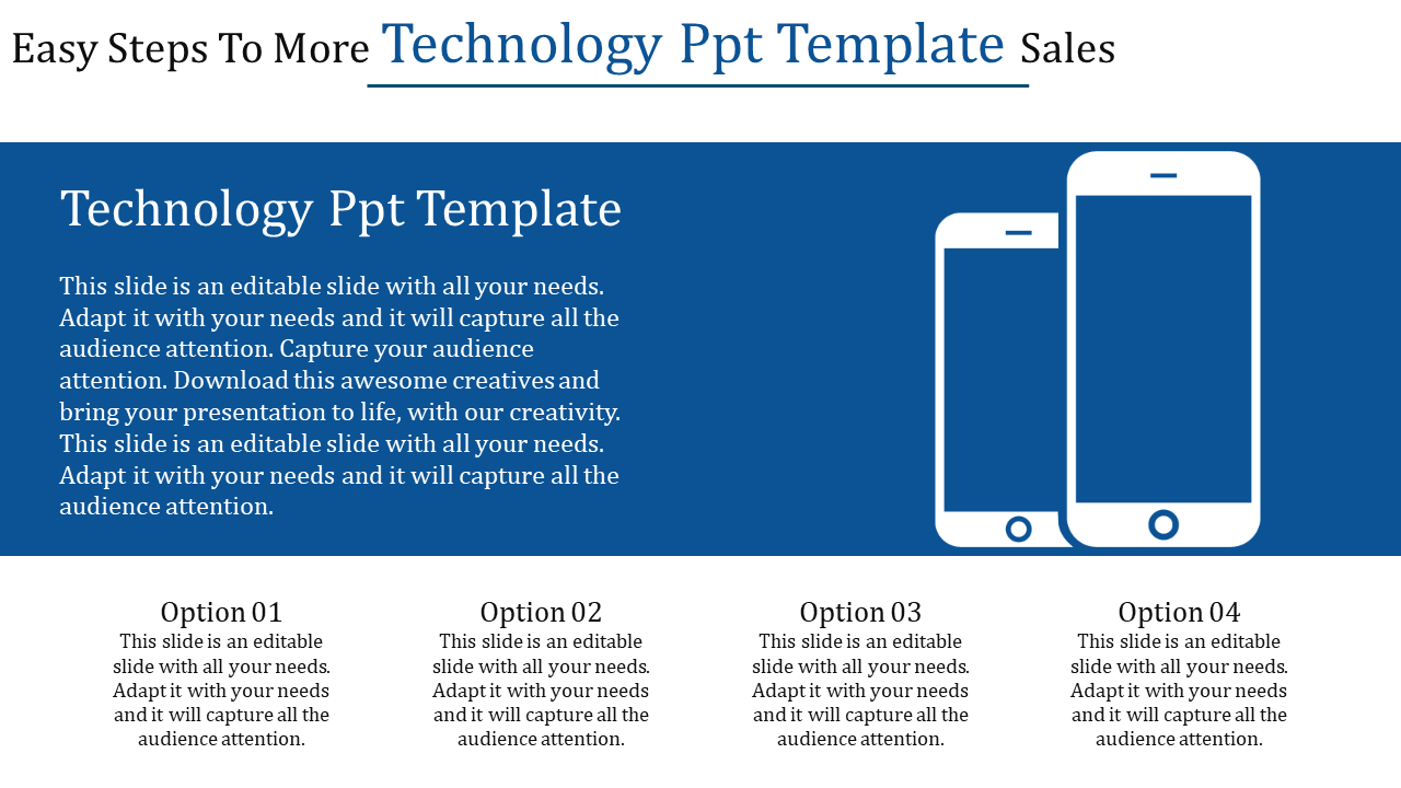 Technology slide featuring smartphone and tablet icons, with four labeled options below on a white background.