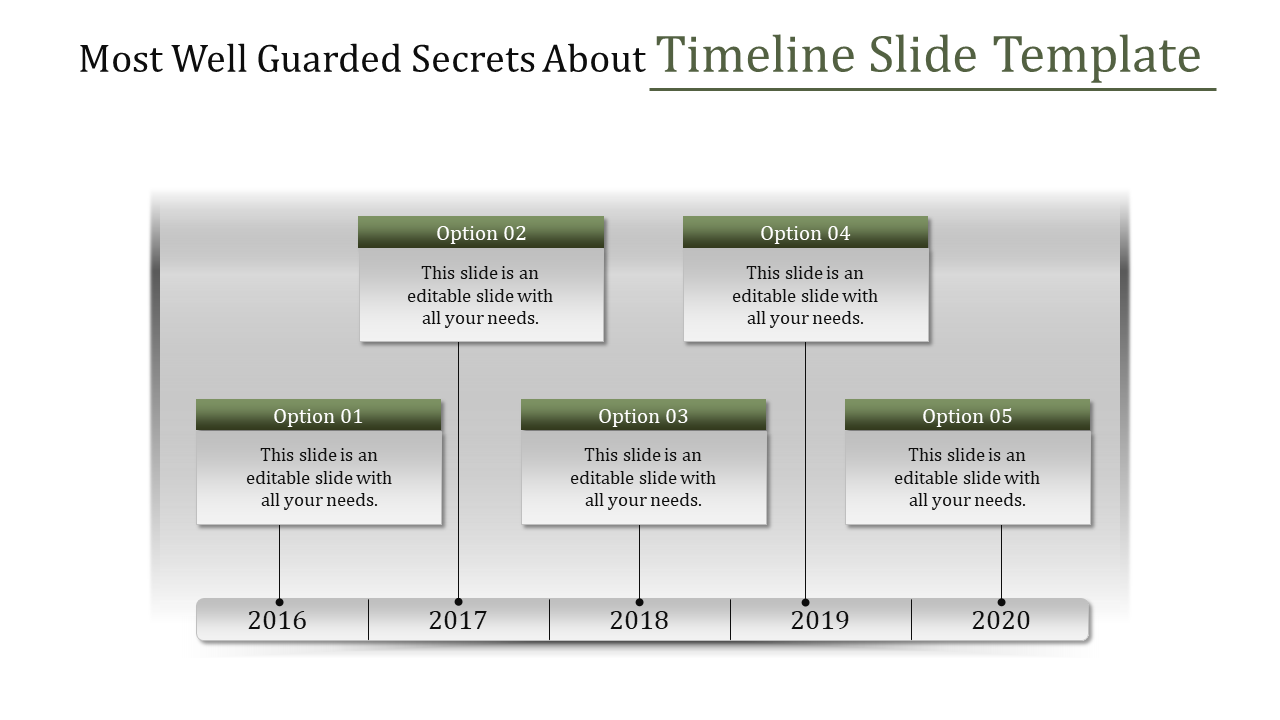 Timeline slide with five sections, each labeled with a year from 2016 to 2020 with placeholder text.